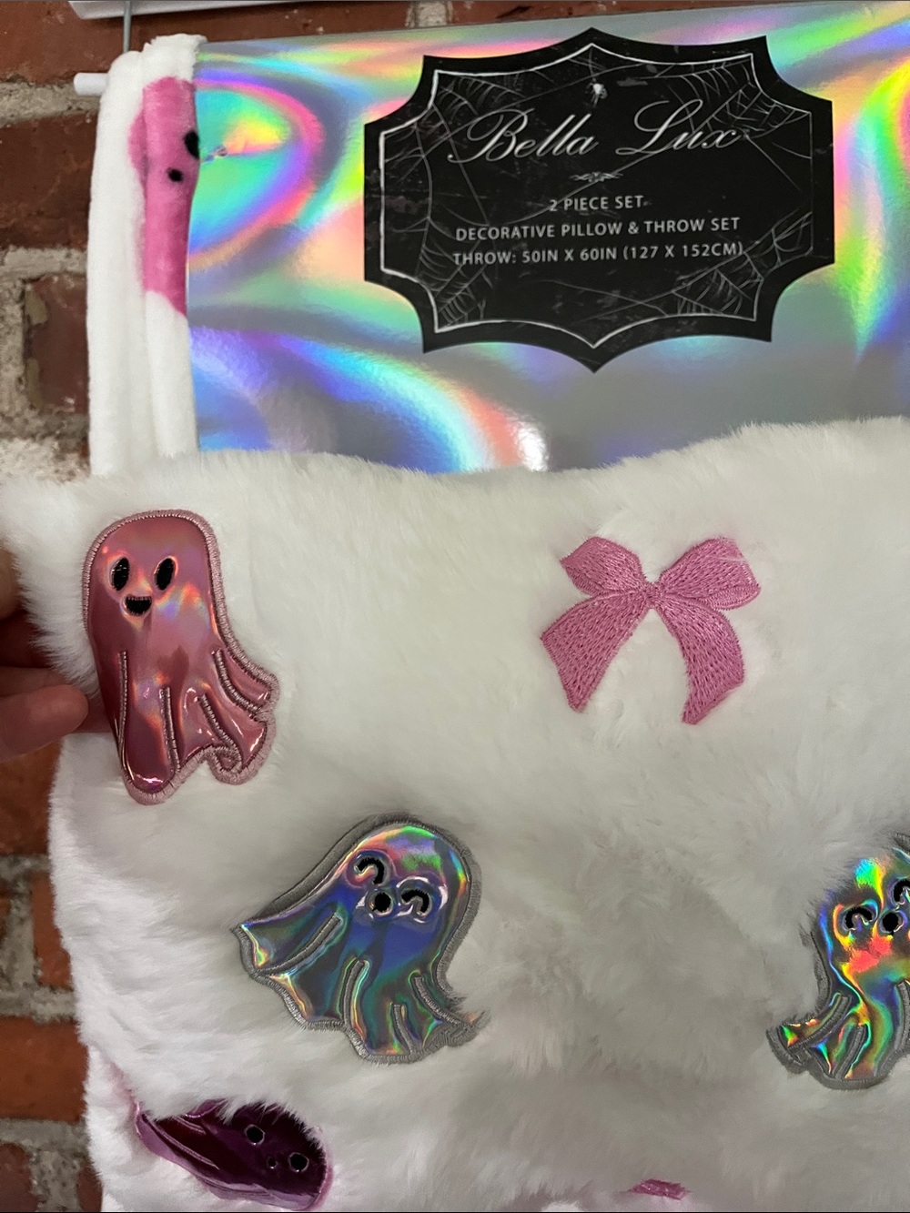 Bella Luxx White Faux Fur Kids Pillow & Throw Set with Pink Accents